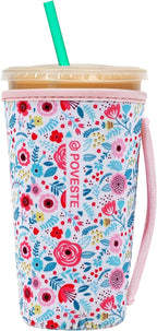 Reusable Neoprene Insulator Sleeve for Iced Coffee & Cold Soda, Coffee Sleeves for Iced & Hot Drinks, Cold Beverage Cooler Compatible with Starbucks, Dunkin (White Flower Garden, Large: 32oz)