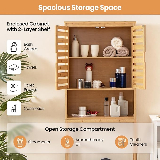 Giantex Over The Toilet Storage Cabinet, 3-Tier Bamboo Bathroom Space Saver with 2 Louver Doors, Open Shelf, Adjustable Bottom Bar, Over Toilet Bathroom Organizer for Laundry, Balcony, Restroom