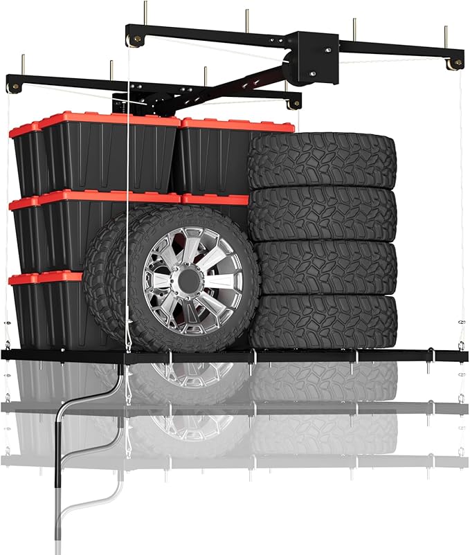 Heavy-Duty Overhead Garage Lifting Storage Rack, 4x4 ft Carbon Steel Ceiling Storage Rack with Manual Crank, Adjustable Organization System, Supports 350Lbs for Garages Workshops
