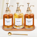 Coffee Syrup Dispenser for Coffee Bar, 16.9oz 500ml Glass Syrup Dispenser w Golden Coffee Scoop, Coffee Syrup Pump Dispenser w 36 Labels and Bamboo Tray, Coffee Syrup Bottles with Golden Pump, 3PCS