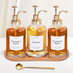 Coffee Syrup Dispenser for Coffee Bar, 16.9oz 500ml Glass Syrup Dispenser w Golden Coffee Scoop, Coffee Syrup Pump Dispenser w 36 Labels and Bamboo Tray, Coffee Syrup Bottles with Golden Pump, 3PCS