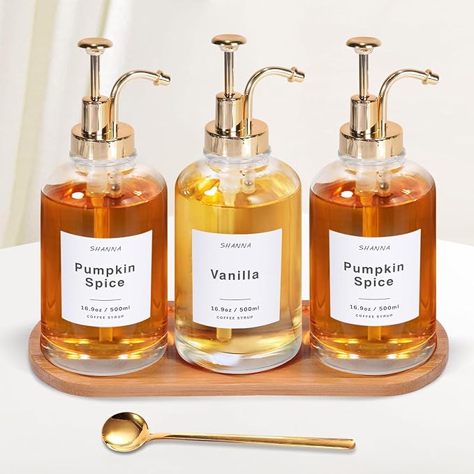Coffee Syrup Dispenser for Coffee Bar, 16.9oz 500ml Glass Syrup Dispenser w Golden Coffee Scoop, Coffee Syrup Pump Dispenser w 36 Labels and Bamboo Tray, Coffee Syrup Bottles with Golden Pump, 3PCS