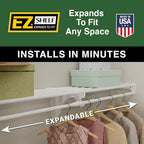 EZ SHELF- Closet Shelf with Hanging Rod, Expands 40.5-73", White, Closet Shelves Hold 200 lbs, Easy Install Closet Organizer to 2 Side Walls, Alternate for Closet Wire Shelving & Laundry Room Shelves