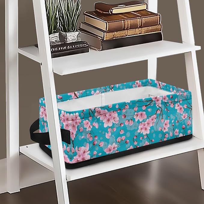 Narrow Storage Baskets Organizer for Toilet Paper Rolls Towels, Fabric Organizer Basket with Handles Collapsible Storage Bin for Bathroom Living Room Office, Pink Peach Blossom Blue