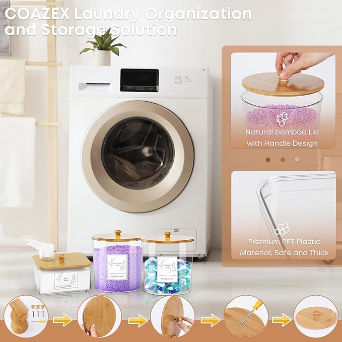 3 Pack Laundry Powder Container & Dryer Sheet Holder, Large Plastic Laundry Room Organization and Storage Jars with Lids, Labels & Scoops for Powder, Detergent, Scent Booster