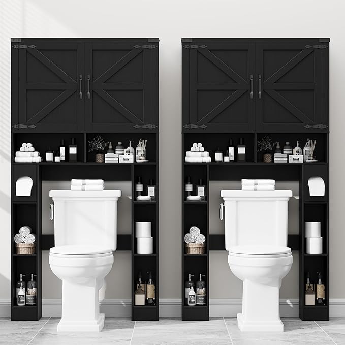 Vabches Over The Toilet Storage Cabinet, Farmhouse Storage Cabinet Over Toilet with 2 Barn Doors ，Toilet Paper Holder Stand，Home Space-Saving Toilet Rack, for Laundry, Restroom, Bathroom.Black.
