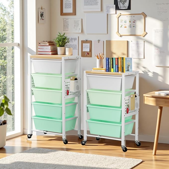 Rolling Cart with 5 Drawers, Plastic Drawer Storage Carts with Wheels & Wooden Tabletop, Metal Utility Cart with Pegboards, Office Living Room Classroom Craft Organization and Storage, Bright Green