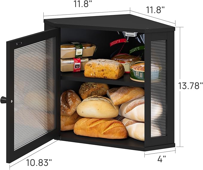 Corner Bread Box for Kitchen Counter, Bamboo Wood Black Bread Box, Large Capacity Bread Storage Bin with Acrylic Wavy Door Panel (Black, Meduim)