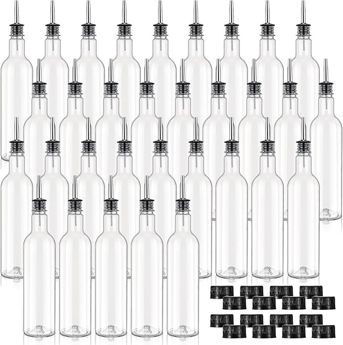 32 Pack 25 oz Syrup Bottle Plastic Long Neck Bottle with Stainless Steel Leakproof Tapered Spout Pourer and Cap Alcohol Juice Coffee Container for Home Bar Service Bartending Supplies