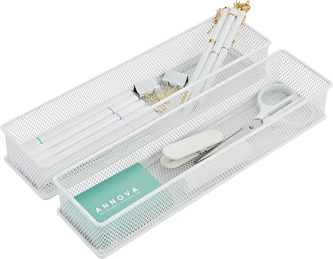 Annova Mesh Stackable Drawer Cabinet and Shelf Organizer Bins Storage Basket School Office Supply Holder Tray- Set of 2 (White, 3x12x2 Inch)