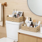 2 PCS Toilet Paper Storage Basket, Paper Rope Imitation Wicker Bathroom Baskets for Toilet Tank Basket with Handles for Desk, Shelf, Countertop, Boho Coastal Bathroom Decor Beige
