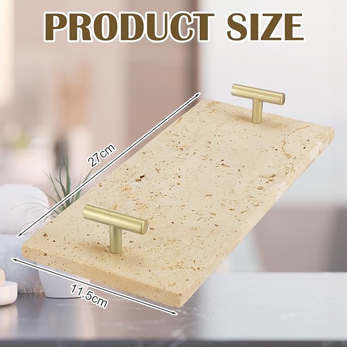 LemonRoad Guest Towel Holder Tray for Bathroom Travertine Napkin Tray 10.6 x 4.5 Inches Bathroom Hand Towel Holder, Stone Tissue Box Organizer with Handles, Decorative Display for Vanity Kitchen