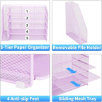OPNICE Desk Organizer, 5-Tier Paper Organizer Letter Tray with Magazine Holder, Office Desk Accessories & Workspace Organizers, Desktop File Organizer for Office Supplies Storage, Purple