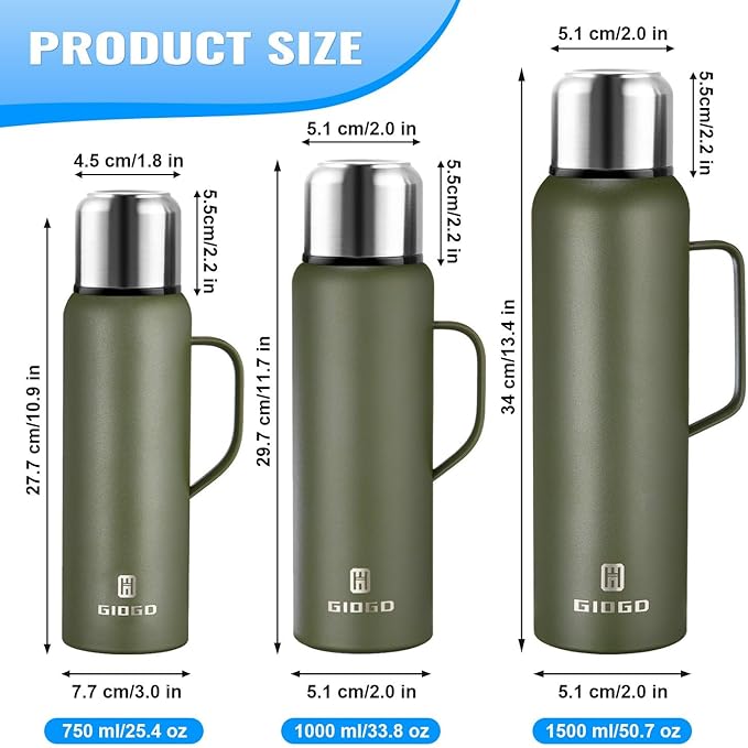 Insulated Vacuum Thermo Bottle 750ml/25.4oz with Cup Stainless Steel Coffee Bottles for Hot and Cold Drink Water Flask.(Green, with Handle, 750ml)