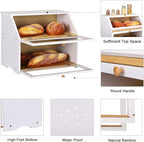 HOMEKOKO Double Layer Large Bread Box for Kitchen Counter, Wooden Large Capacity Bread Storage Bin (White)