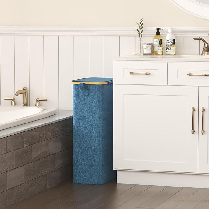 Lifewit 75L Slim Laundry Hamper with Lid, Narrow Laundry Basket with Removable Bag & Bamboo Handles, Fodable Thin Dirty Clothes Hamper for Laundry Collapsible Bin for Bathroom Bedroom Dorm, Dark Blue