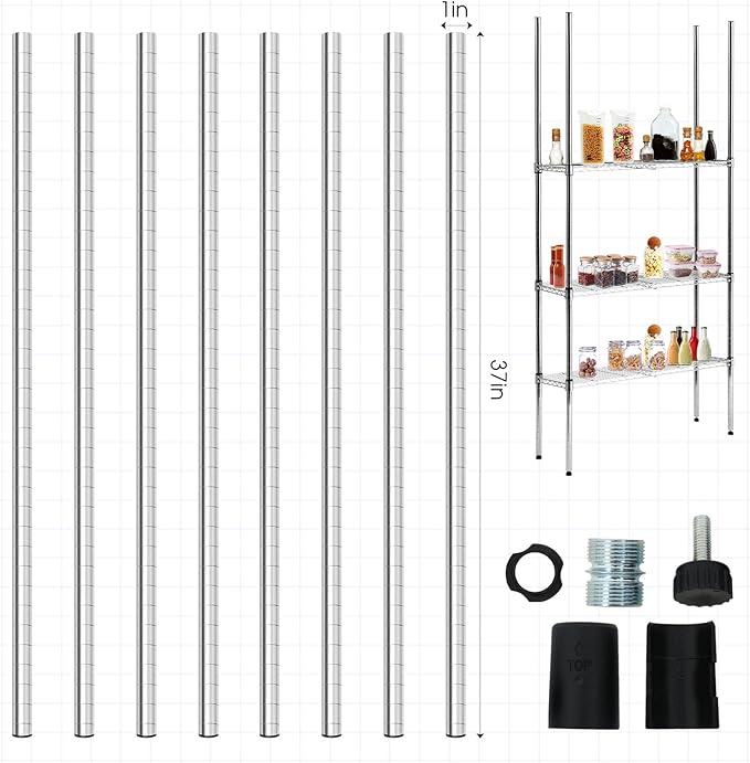 Thyle Set of 4 Wire Shelving Poles Including 8 Pcs 36'' Poles and 50 Pcs Shelf Clips, Heavy Duty Chrome Commercial Wire Shelving Parts for 1" Post Shelf Rack Accessories Replacement(74")