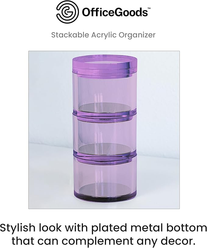 OfficeGoods 3-Tier Stackable Acrylic Holder- Stylish Desk Organizer and Storage for Office or Home – Transparent Round Design, Purple with Silver Metal Base