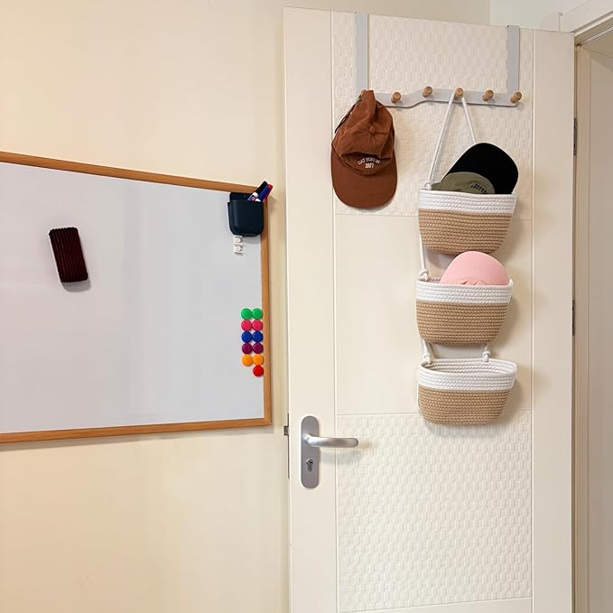 3-Tier Decorative Cotton Rope Hanging Basket, Wall-Mounted Woven Storage Organizer Bag, White + Jute