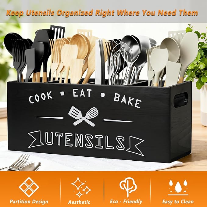 Extra Large and Durable Black Wooden Kitchen Utensil Holder - Ideal Kitchen Decor for Countertop with Party and Home Use （black Extra Large）