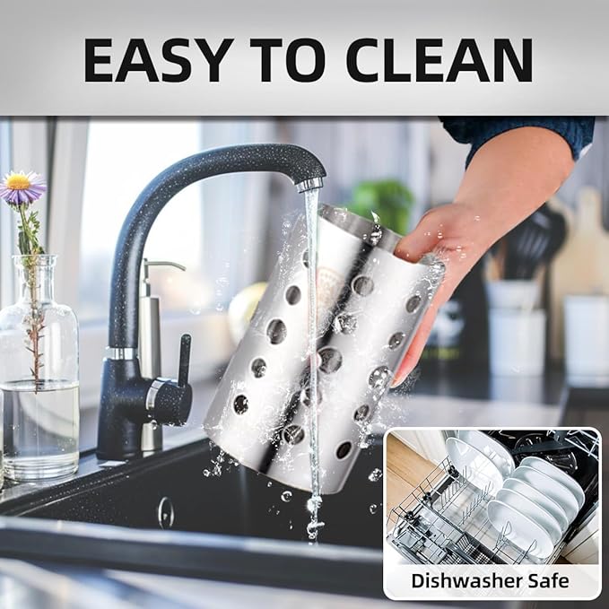 QRU Kitchen Utensil Holder for Countertop (H6.7” x W4.1”), Stainless Steel Cooking Utensil Caddy for Tools, Spatulas, Spoons, Silverware & More, Cooking Utensil Organizer, Kitchen Decor (Silver)