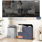 SOLEDI 180L 3-Section Laundry Hamper with Lid, Extra Large Dirty Clothes Basket with Sturdy Handles for Laundry Room & Bedroom - Durable Organizer for Sorting Laundry