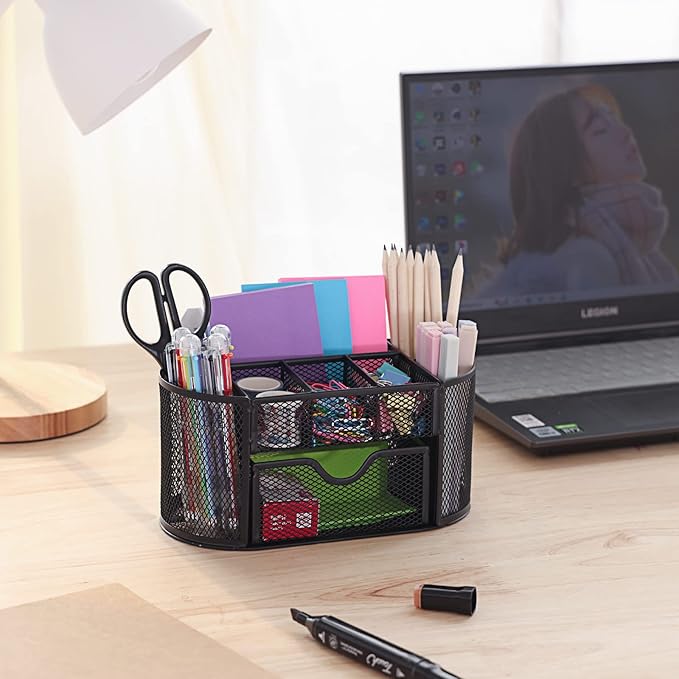 EOOUT Desk Organizer, Pencil Holder for Desk, Mesh Office Desk Accessories with 8 Compartments and 1 Drawer Stationery Holder School Supplies