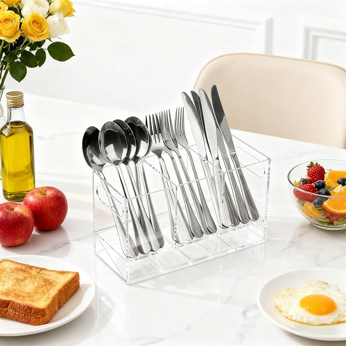 Utensil Holder, 3 Compartments Utensil Drying Rack with Automatic Drain Tray for Kitchen Counter, Transparent Acrylic Organizer for Silverware Cutlery Spoons, Forks, Knifes, Chopsticks (Clear)