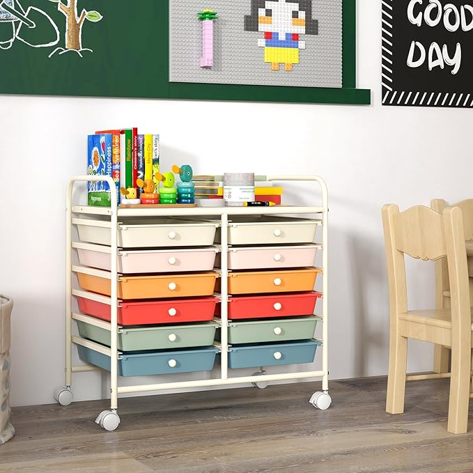 GOFLAME 12-Drawer Rolling Storage Cart, Multifunctional Art Craft Organizer Cart, Mobile Utility Storage Cart with Removable Drawers & Lockable Wheels, Craft Cart for Home Office School, Macaron Color