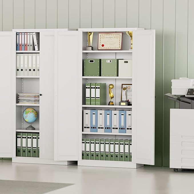 INTERGREAT Metal Storage Cabinet with Magnetic Doors, 63" H Traditional European Style Metal Cabinets with 2 Doors and 4 Adjustable Shelves for Home Office, Kitchen, Bathroom (White)