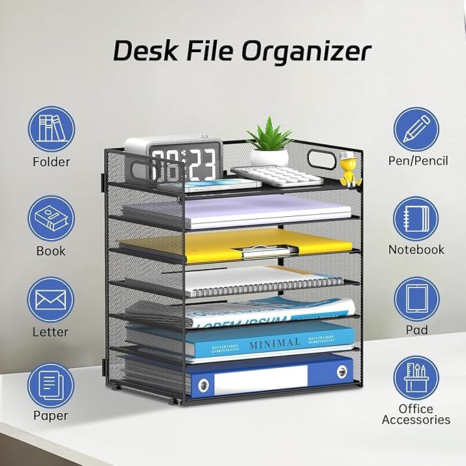 2 Pack 7 Tier Paper Organizer - Mesh Desktop File Holder with Handles for Office School Desk, Black