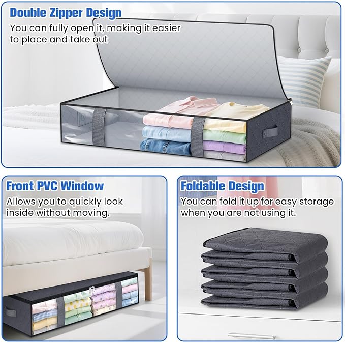 Under Bed Storage Containers, 6 Pack Blanket Storage Bags, Collapsible Storage Bags with Big Zippers, Clear Front, Shoe Storage and Organization for Clothes, Comforter, 75L, Grey