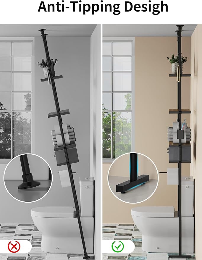Over The Toilet Storage - 4 Tier Bathroom Organizer Shelf, Freestanding Bathroom Organizer, Sturdy Behind Toilet Rack with Hooks, Space-Saving Design, Fits Most Toilets, Rustic Brown