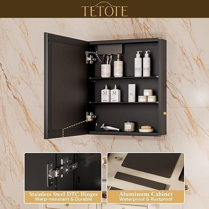 TETOTE 20 x 26 Lighted Bathroom Medicine Cabinet with Adjustable Shelves, Black Aluminum Cabinet, Anti-Fog Stepless Dimmable 3 Colors White/Warm/Natural, Easy to Install(Wall Mount/Recessed)