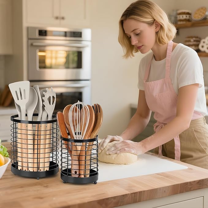 Utensil Holder, 7.7"+6" Stainless Steel Utensil Holder for Kitchen Counter, Cooking Tools Spatula, Silverware Forks, Knives, Spoons Utensil Crocks Organizer Drying Rack, Set of 2
