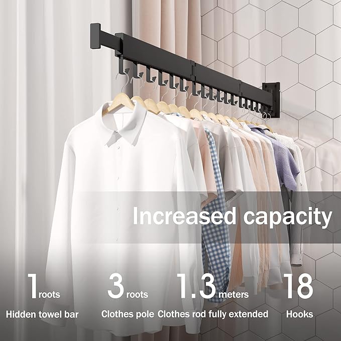 Drying Rack Clothing,Clothes Drying Rack Wall Mounted,Collapsible Hanging Racks for Laundry,Laundry Drying Rack,Wall Mounted Clothes Rack(31.5"-White) (Black-Hooks, Tri-Fold)