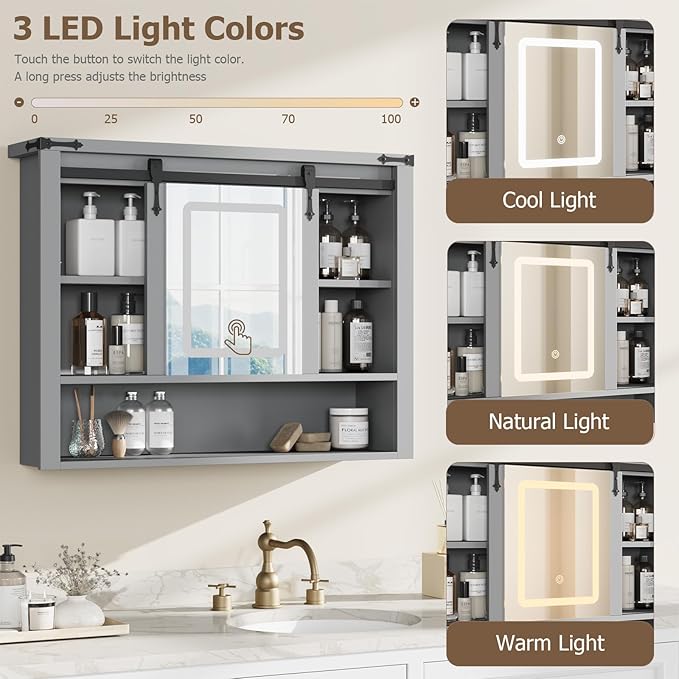 QUW 31" Farmhouse Bathroom Wall Cabinet, Bathroom Medicine Cabinets with Mirror, Over Toilet Wall Storage Cabinet, 3 Lighting Modes, Adjustable Brightness, Jewelry Holder, Sliding Door, Grey