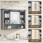 QUW 31" Farmhouse Bathroom Wall Cabinet, Bathroom Medicine Cabinets with Mirror, Over Toilet Wall Storage Cabinet, 3 Lighting Modes, Adjustable Brightness, Jewelry Holder, Sliding Door, Grey