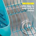 Dish Drying Rack & Cutlery Holder 2 Piece Set - Compact Sink-Fitting Dish Drainer with Rubberized Undercoating, Space-Saving Kitchen Organizer for Plates, Cups, Bowls & Utensils in Sink, Turquoise