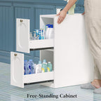 Over the Toilet Storage Cabinet with Mobile Bathroom Storage Cabinet & 3 Adjustable Shelves, Bathroom Storage Cabinet Over Toilet with 4 Section Drawers for Bathroom, Laundry Room, White