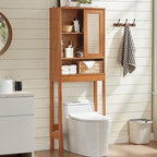LEYAOYAO Over The Toilet Storage Cabinet with Rattan Sliding Door, 68" Tall Wood Above Toilet Bathroom Organizer w/Adjustable Shelf & Curved Profile, Space Saver Freestanding Washer Shelf