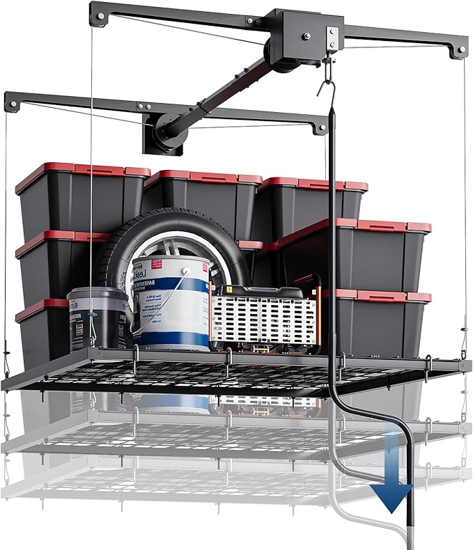 Overhead Garage Storage Rack, Adjustable 4x4 ft Heavy Duty Ceiling Mounted Storage Racks with Safety Lock, 250 lb Capacity Overhead Garage Storage Rack for Garage and Attic