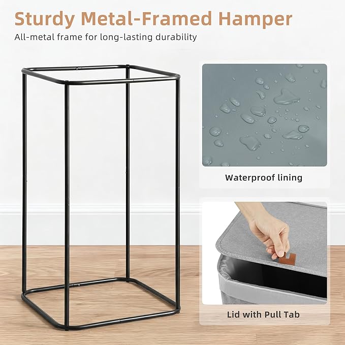 STORAGE MANIAC 2-in-1 Laundry Hamper with Laundry Backpack Bag, 90L Metal Frame Laundry Basket, Dirty Clothes Bag with Shoulder Straps and Mesh Pocket for College, Travel, Laundromat, Apartment, Gray