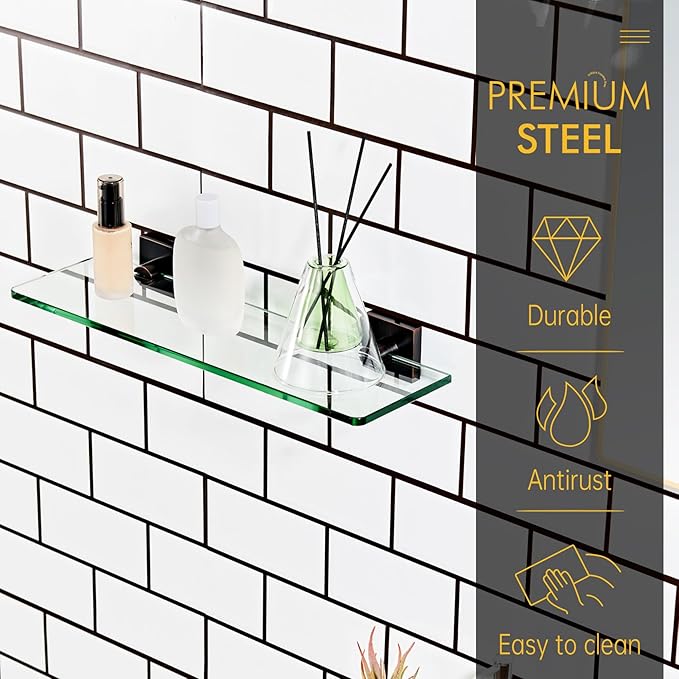 KOKOSIRI Tempered Glass Shelves 16-Inch Bathroom Floating Shelf Kitchen Hanging Rack for Shower Storage, Oil Rubbed Bronze Stainless Steel B1107ORB-L16