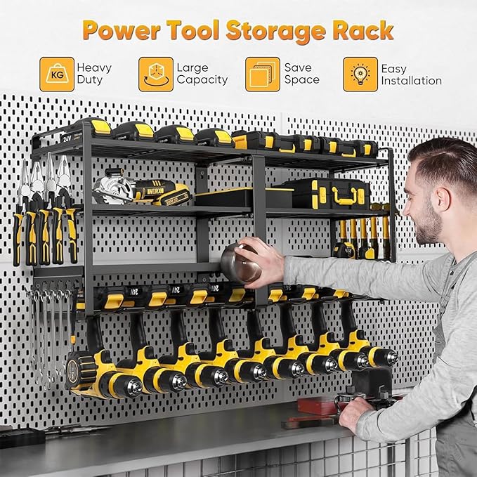 32" W Large Power Tool Organizer Wall Mount, 4 Tiers Heavy Duty Metal Garage Storage Racks, Drill Hanger Storage Rack with 8 Drills Holder, Utility Racks for Garage Workshop