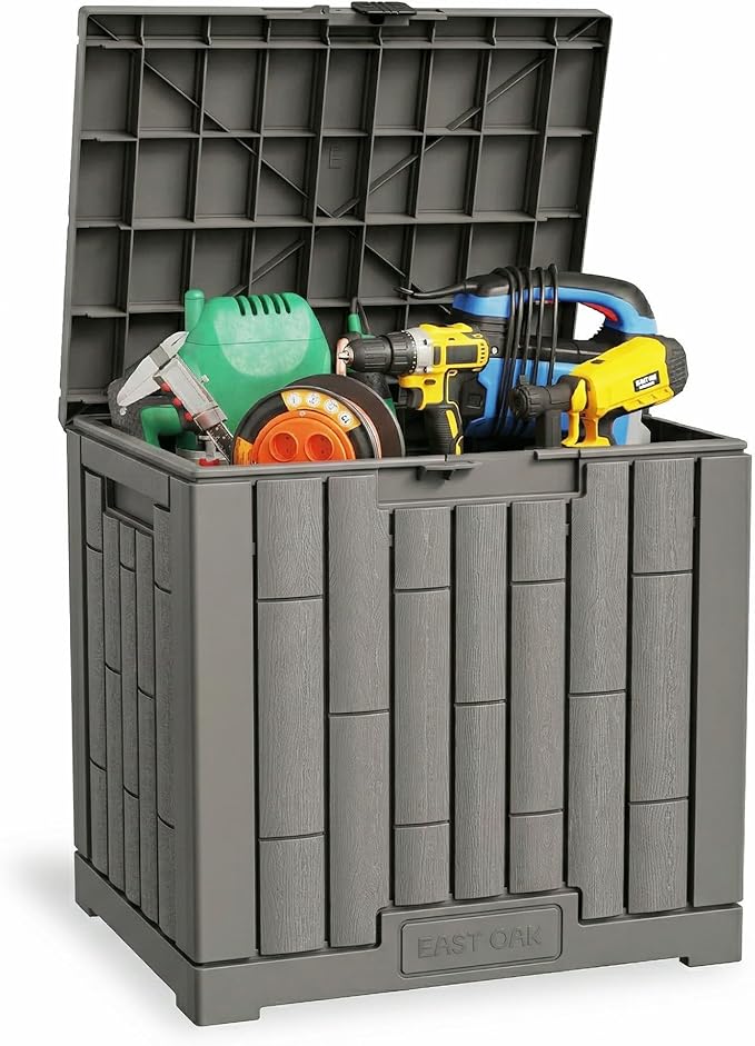 EAST OAK Outdoor Storage Box, 31 Gallon Deck Box Indoor and Outdoor Use, Waterproof Resin Storage Bin for Package Delivery, Patio Cushions, Gardening Tools, Lockable, UV Resistant, Grey