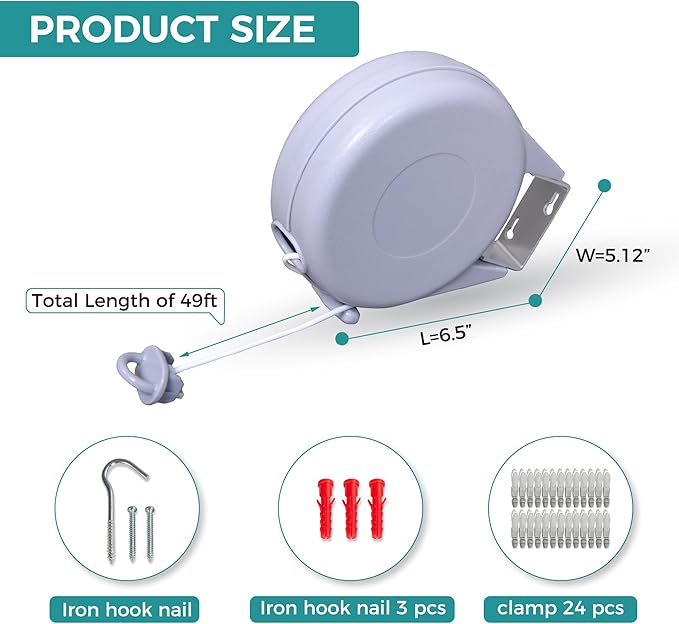 JS HANGER Retractable Clothesline Outdoor Indoor Laundry Line - 49 FT / 15M Single Lines Heavy Duty Wall Mounted Washing Line, Grey Portable Clothes Drying Line with 24pcs Free Pegs