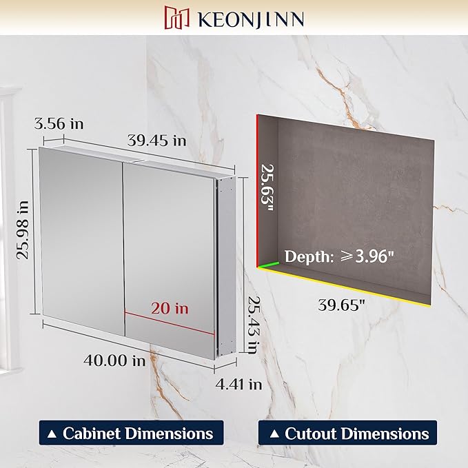 Keonjinn 40 x 26 Inch Medicine Cabinet, Assembly Required, White Bathroom Medicine Cabinets Mirror, Lightweight, Adjustable Shelves, Surface Mount or Recessed, Tempered Glass
