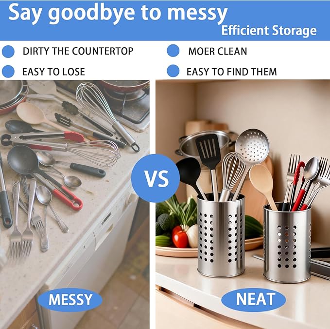 2PCS Stainless Steel Kitchen Utensil Holder, Utensil Caddy & Organizer for Drying Cooking Spoons Utility Sturdy Home Kitchen Daily Use Utensil Drainer (Silver)