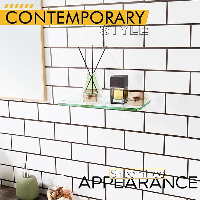 KOKOSIRI Glass Shelf Bathroom Hardware Kitchen Rack 12-Inch Floating Wall Shelves for Living Room, Shower Storage Champagne Bronze Steel B1107CPG-L12